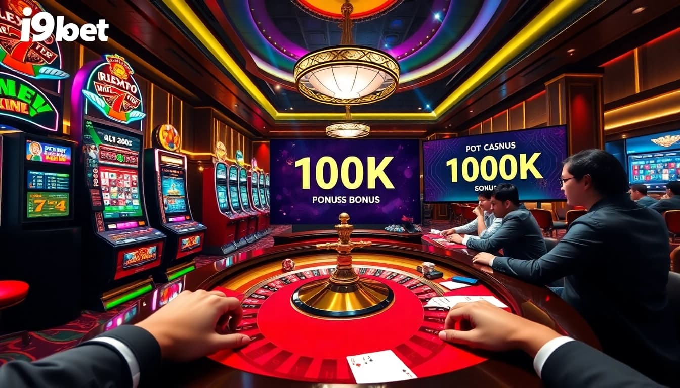 Experience the excitement of i9bet 100k in a luxurious casino setting with vibrant gaming tables.