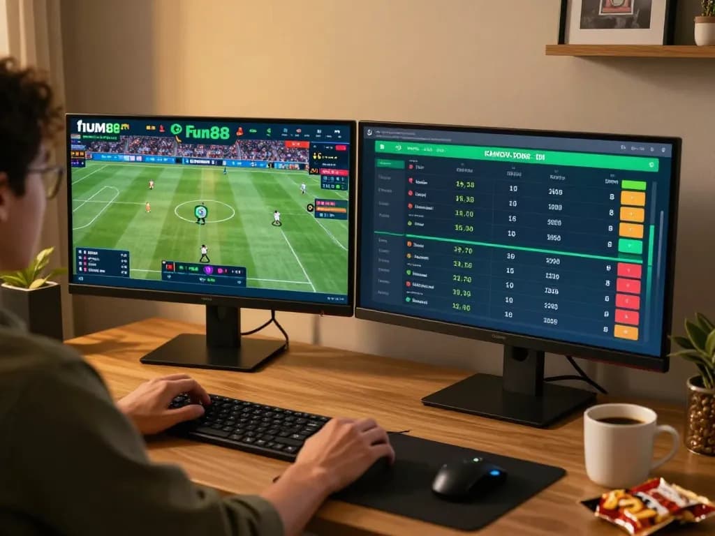 Person engaging in sports betting on Fun88 with dual monitors, showcasing dynamic betting interface and lively atmosphere