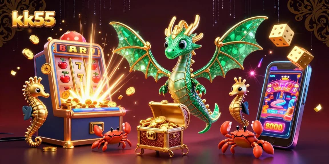 Experience the thrills of kk55 with a vibrant, action-packed 3D casino scene featuring a dragon and treasures.