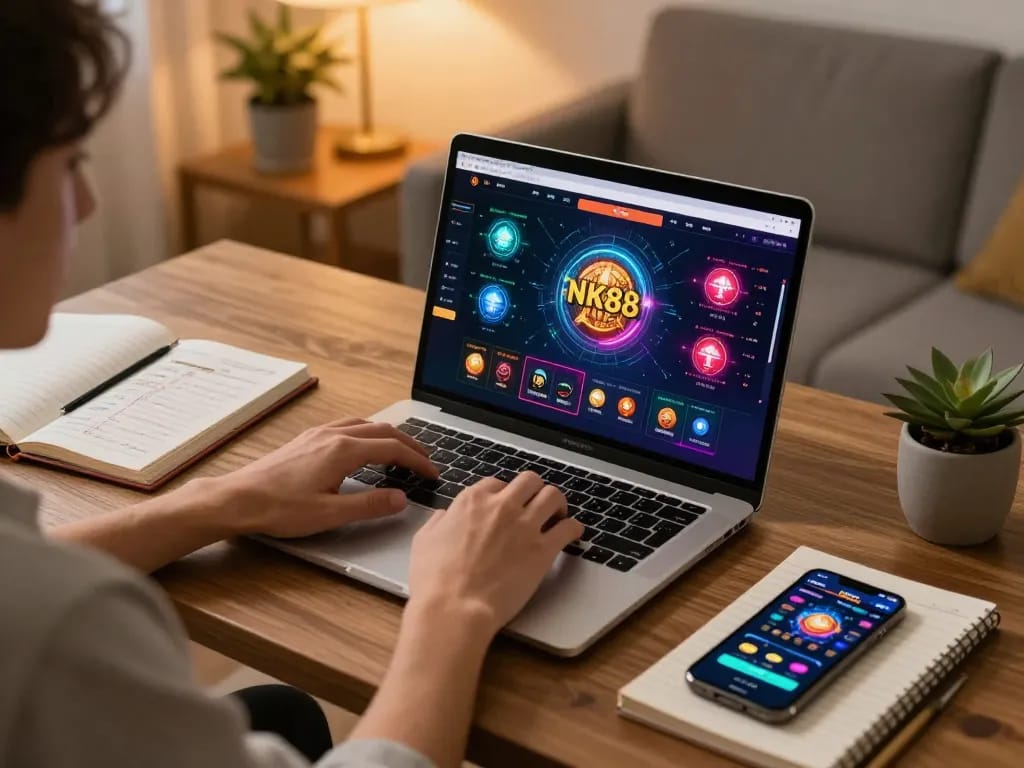 Engaging with NK88 đăng nhập on a laptop in a cozy home office while analyzing gaming strategies