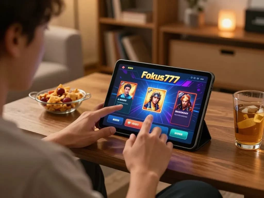 Player enjoying Fokus77 online slots on tablet in cozy home setting with snacks around