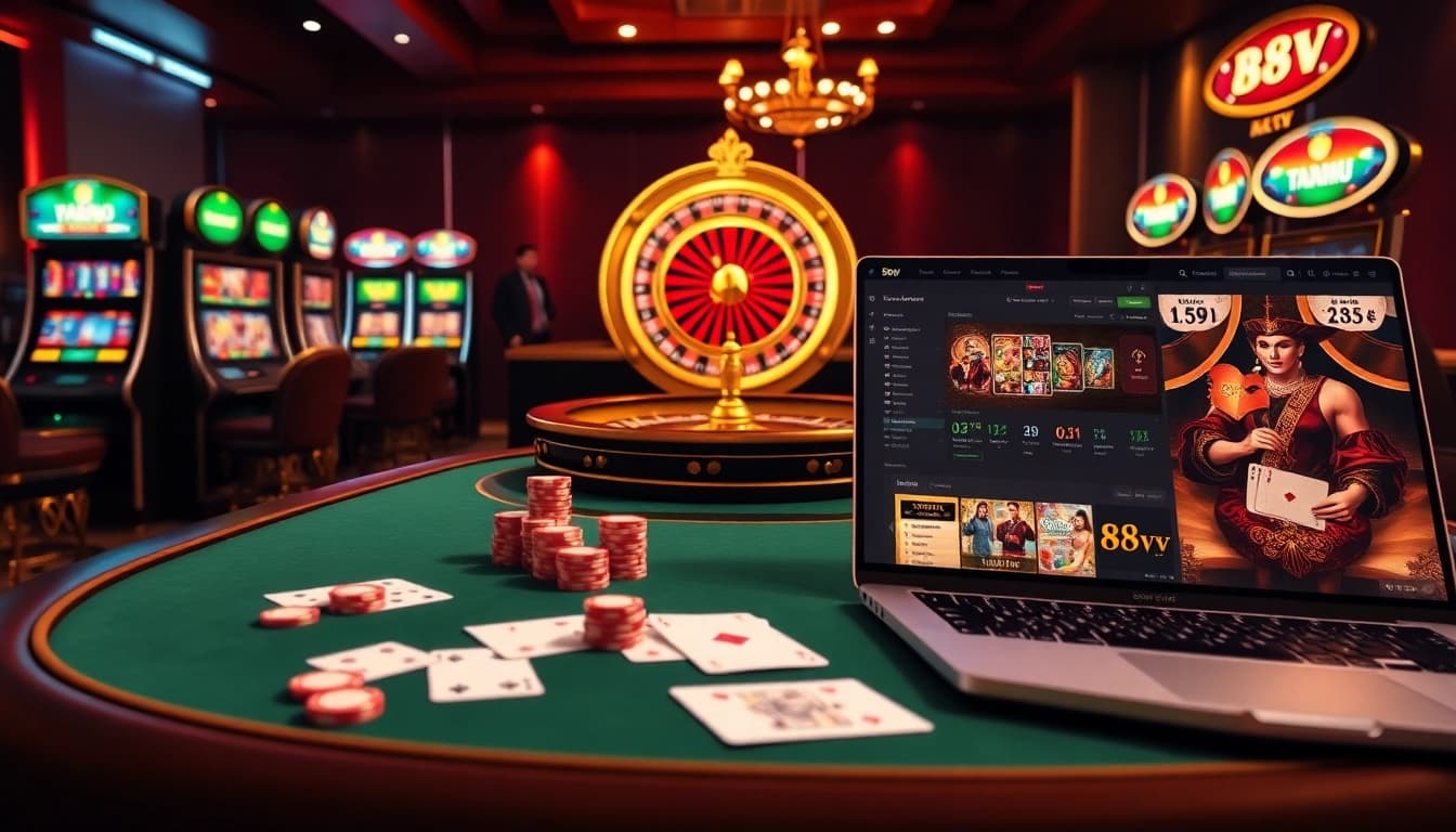 Experience the luxury of 88vv with vibrant casino tables, chips, and an engaging gaming atmosphere.