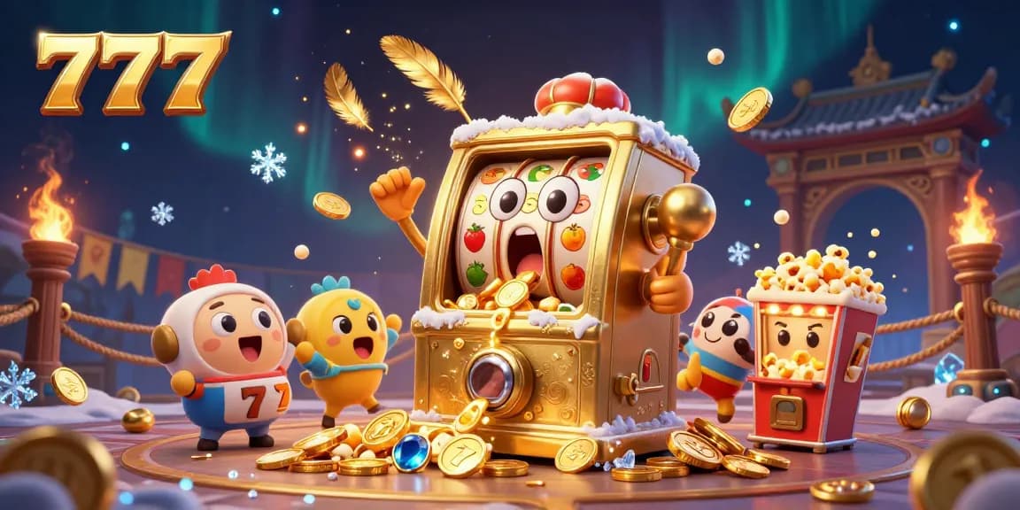 Engage with 777 slot machines and joyful characters celebrating jackpots in a vibrant casino scene.