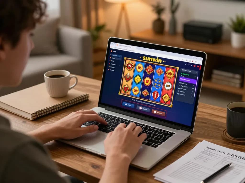 Player engaging in sunwin online betting, with colorful slot reels on laptop screen surrounded by cozy home elements