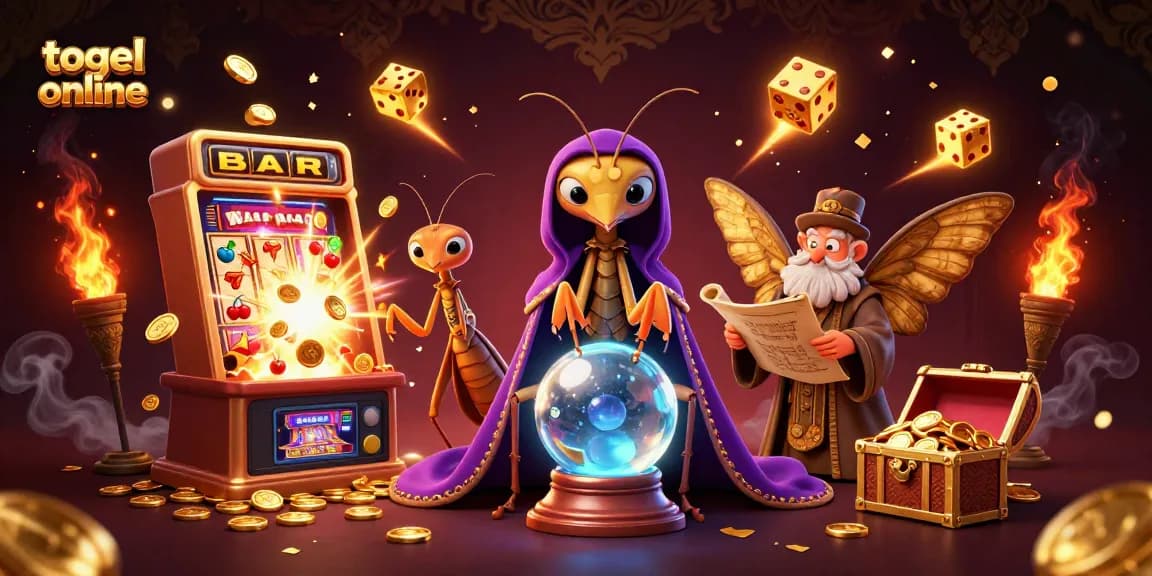 Engage with togel online through dynamic casino scenes showcasing fortune tellers, slot machines, and vibrant game elements.