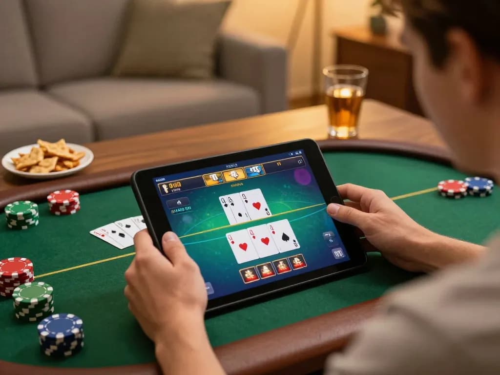 Engaging poker gameplay on tablet showcasing playstation-experience in a cozy home setting.