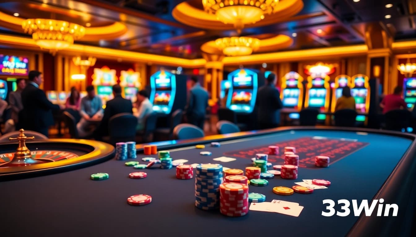 Experience the excitement of gambling at 13Win with vibrant poker tables and slot machines.
