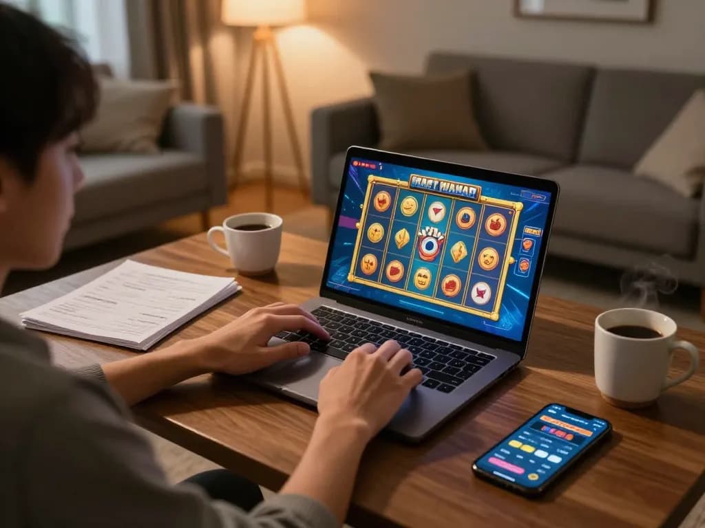 Engaging in slot mahjong gameplay on a laptop in a cozy home environment, showcasing strategy notes and betting app for responsible gaming.