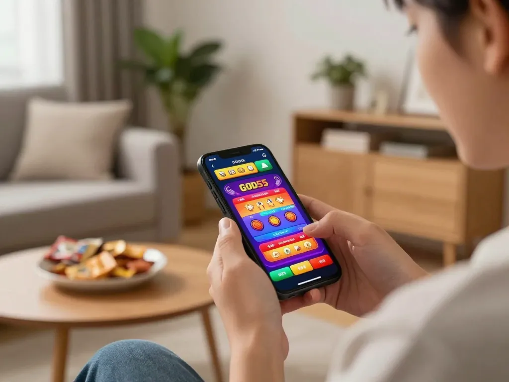Enjoying gameplay on God55 mobile app in a cozy home setting