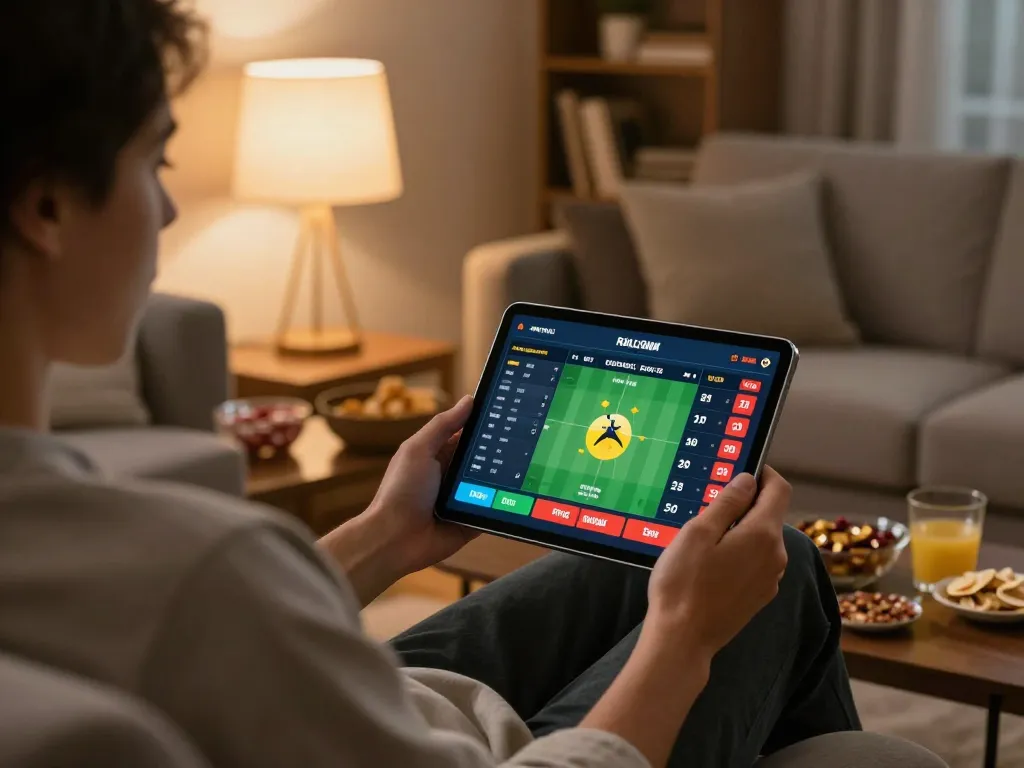Engaged user placing sports bets on kèo nhà cái through a tablet in a cozy, inviting setting