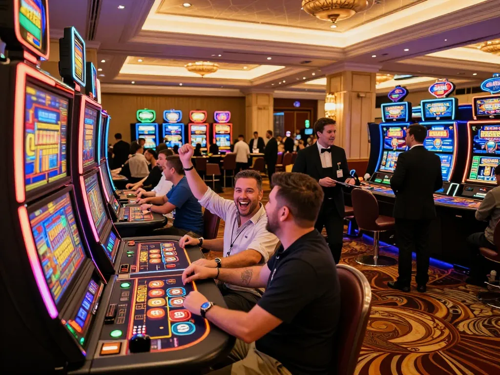 Players enjoying the vibrant slot machines at KP88vip casino, exciting gaming atmosphere with colorful lights