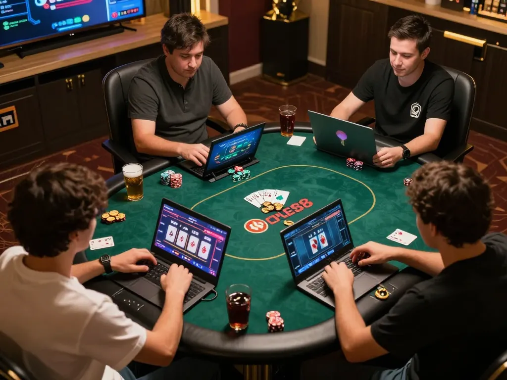 Suasana poker online yang menarik dengan WOLES88, pemain berstrategi menggunakan laptop dan makanan ringan di rumah yang nyaman.