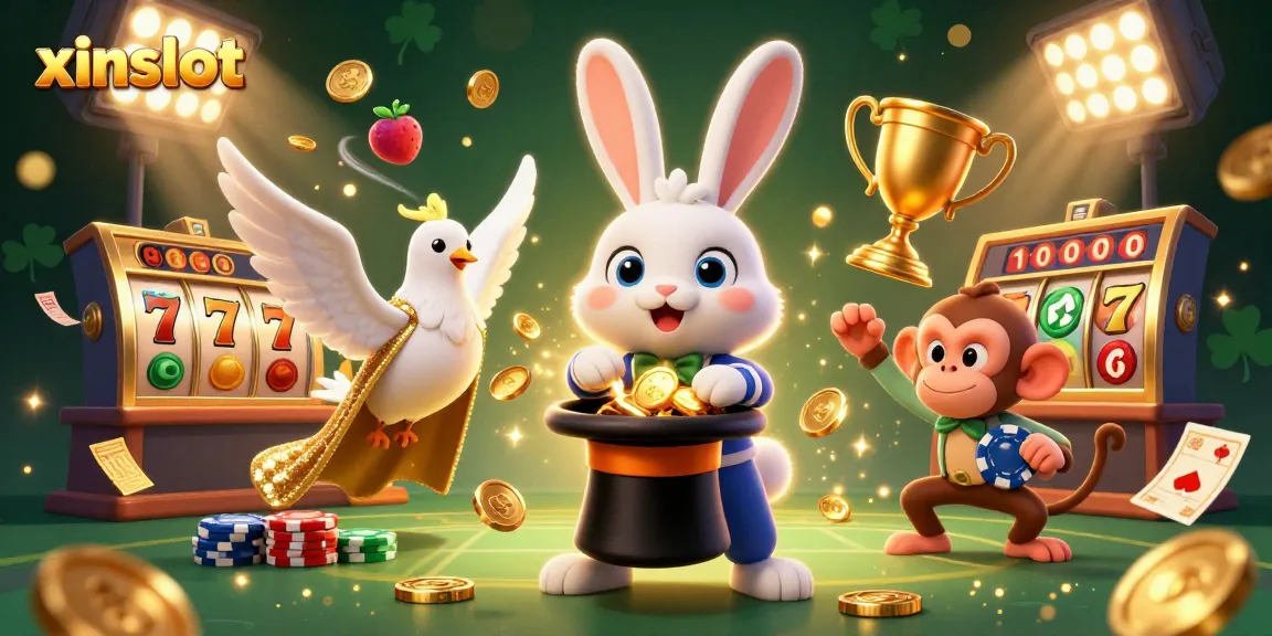 XINSLOT magical scene featuring a magician rabbit, dove, and monkey among slot game treasures