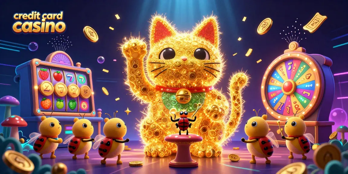 Experience a vibrant credit card casino atmosphere with golden waves of lucky icons, bursting slot reels, and animated tickets.