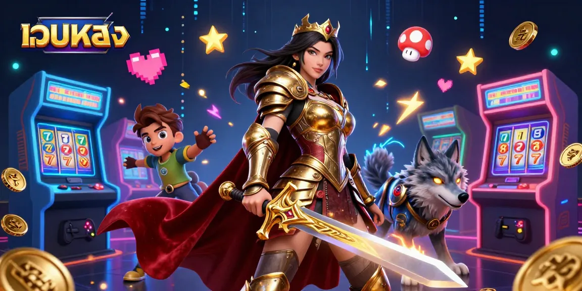 Engage in เว็บตรง slot games with a warrior queen and glowing wolf in this vibrant casino scene.