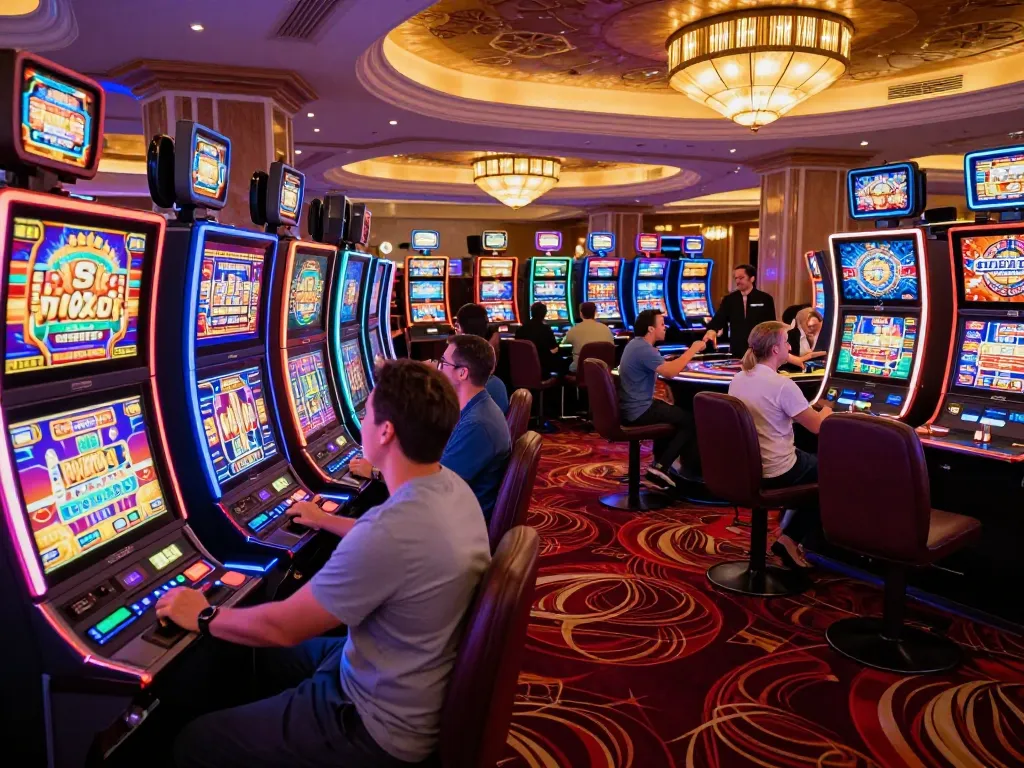 Players enjoying dynamic gameplay at trang casino’s vibrant slot machine area, capturing excitement.