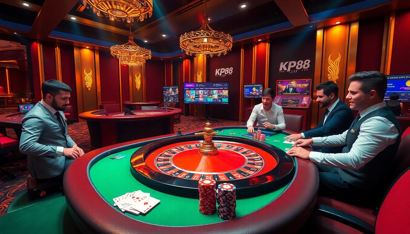 Experience the excitement of KP88 with dealers at a poker table in a vibrant casino setting.