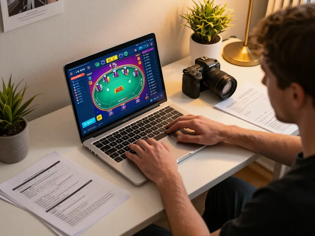 Engaged player strategizing for w4u poker game on laptop in cozy home environment
