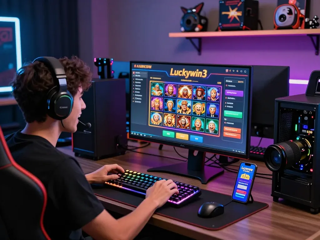 Exciting gamer celebrating a win in Luckywin3 online casino setup, featuring neon-lit peripherals, a high-definition monitor, and a vibrant gaming atmosphere.
