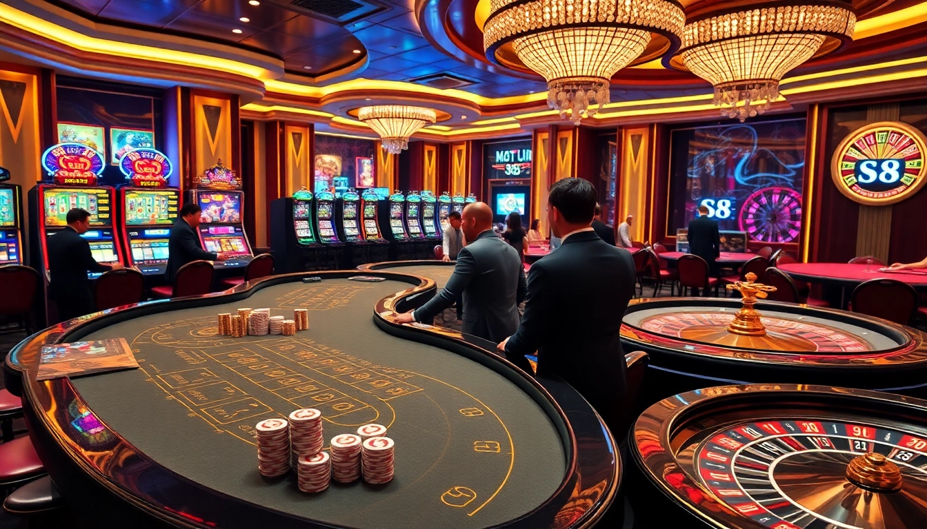S8 gamblers strategizing at an elegant casino table filled with chips and high-end slot machines.