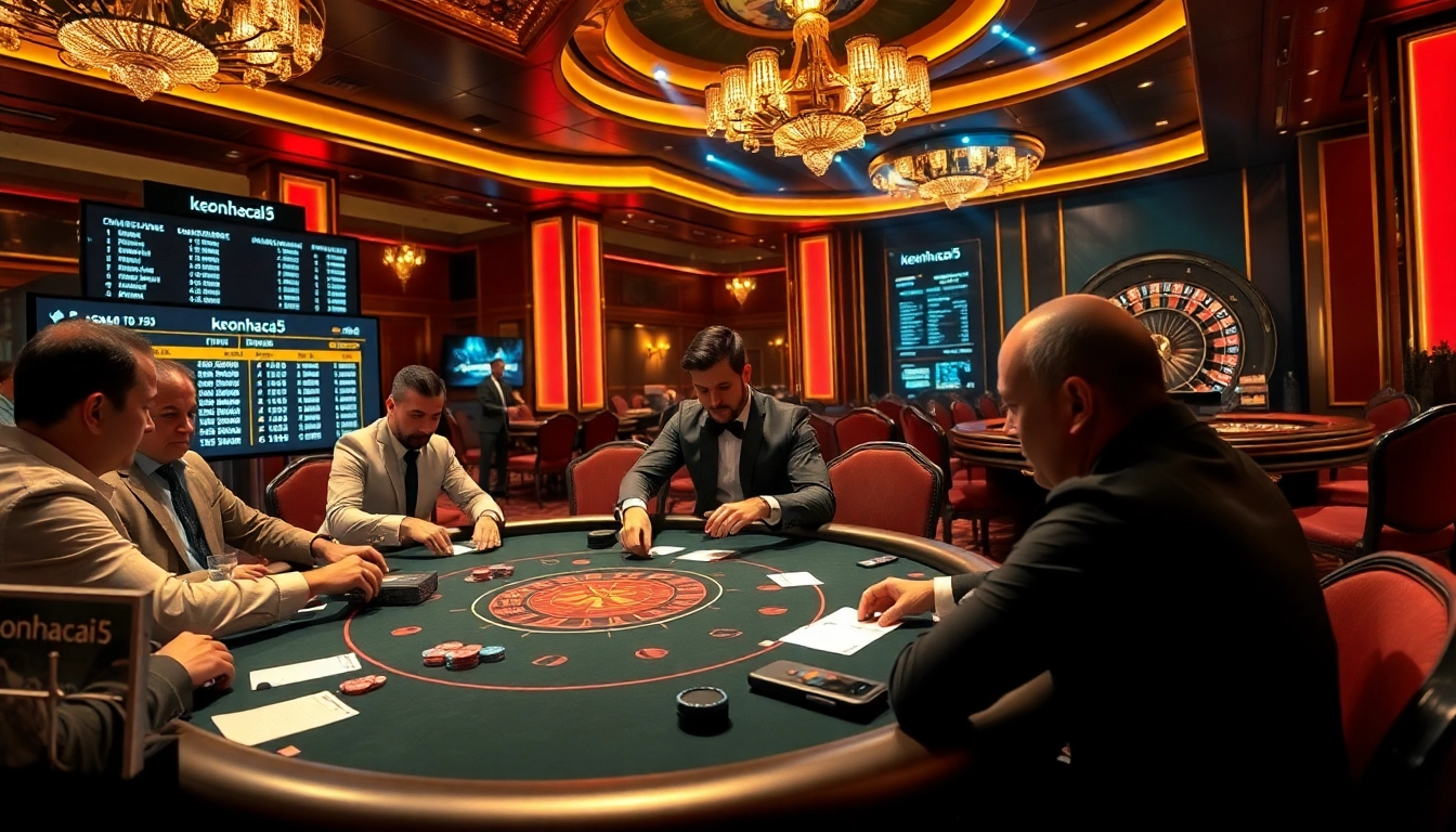 Engaged players immerse themselves in a keonhacai5 poker game within a luxurious casino.