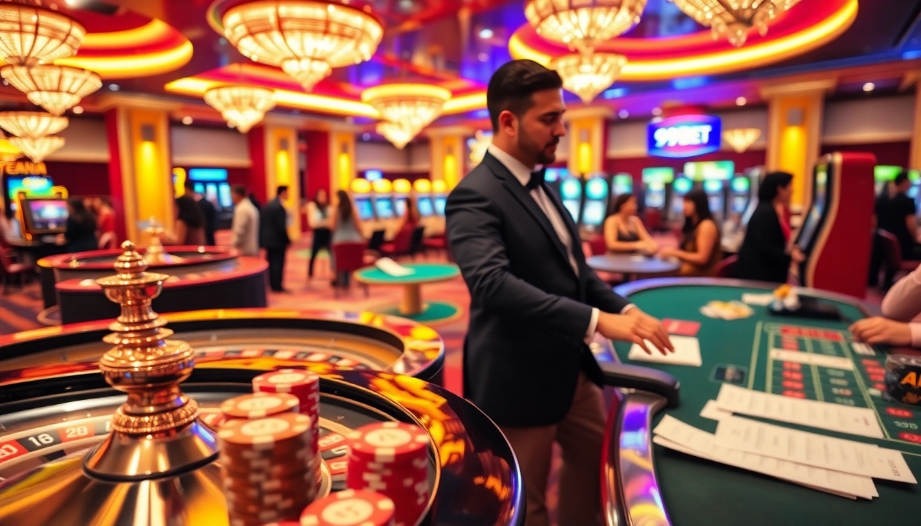 Experience the thrill of 999BET with vibrant casino elements including tables and chips.
