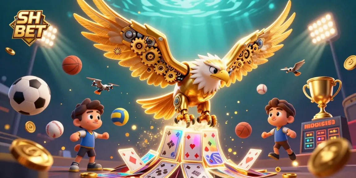 Bet with SH BET using golden eagle and sports elements in a vibrant online casino scene.