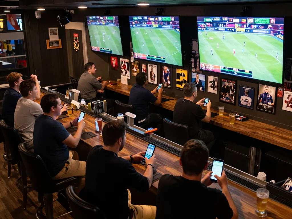 Engage in live betting at BK8 with multiple screens showing games and patrons excitedly placing bets.