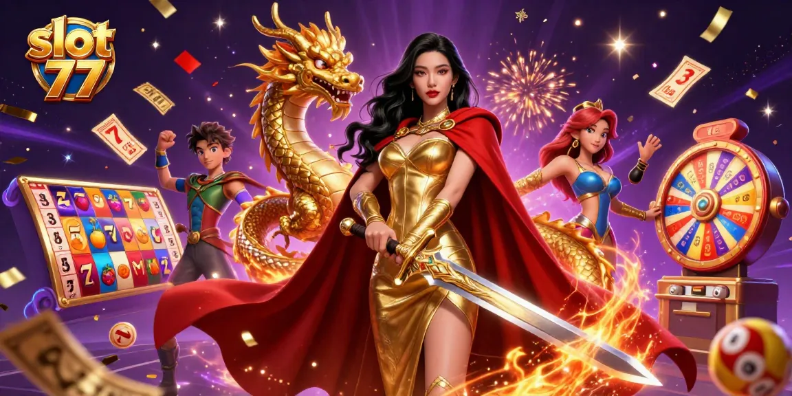 Experience the excitement of slot 77 in a vibrant casino scene featuring spinning reels and a warrior queen.