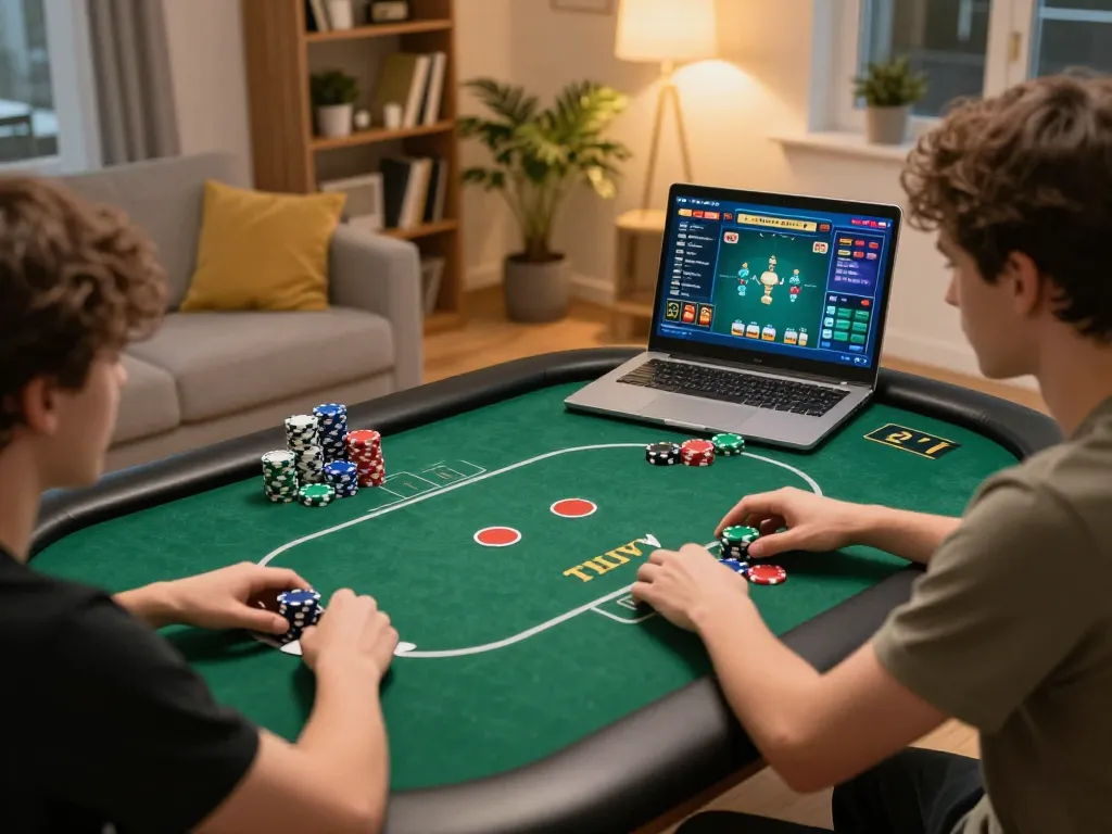 Cakhiatv user engaged in strategic online poker gameplay at home, showcasing a lively gaming atmosphere.