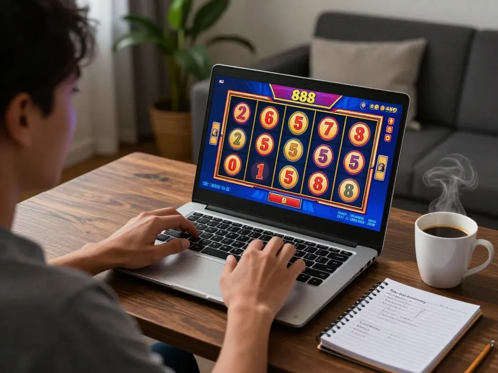 Player engaged with slot88 online gaming interface on a cozy laptop setup, emphasizing strategic gameplay.