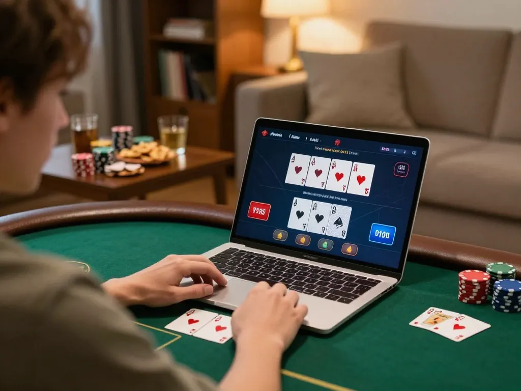 Engaged player exploring cm88 online poker platform in a cozy home setting