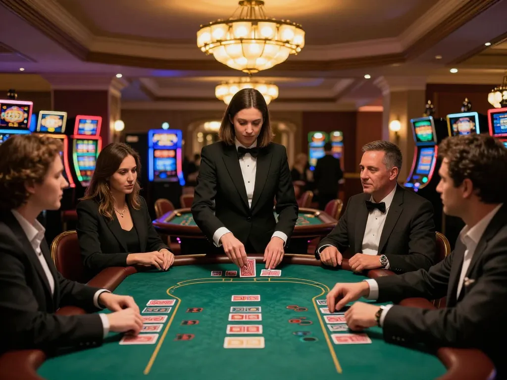 Experience the thrill of blackjack at 99Win's elegant casino floor with players engaged in gameplay.