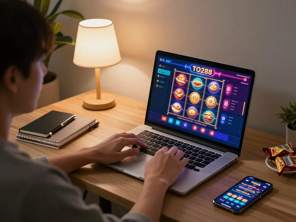 Engaging in TO288 online gaming strategies at home with a laptop and notes