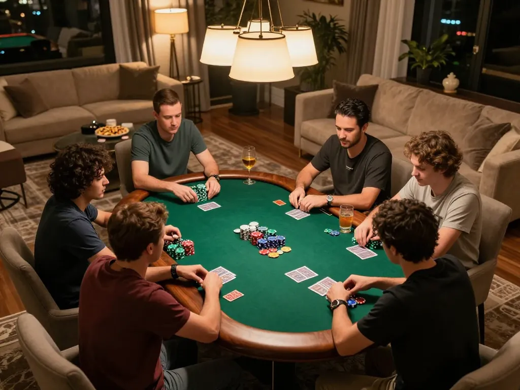 Players engaging in strategic gameplay at a cozy poker night, featuring kdslot cards and colorful chips.
