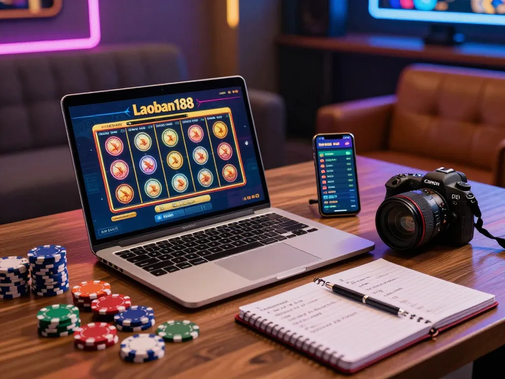 Skenario perjudian online laoban188 yang menarik dengan chip berwarna-warni dan laptop permainan.