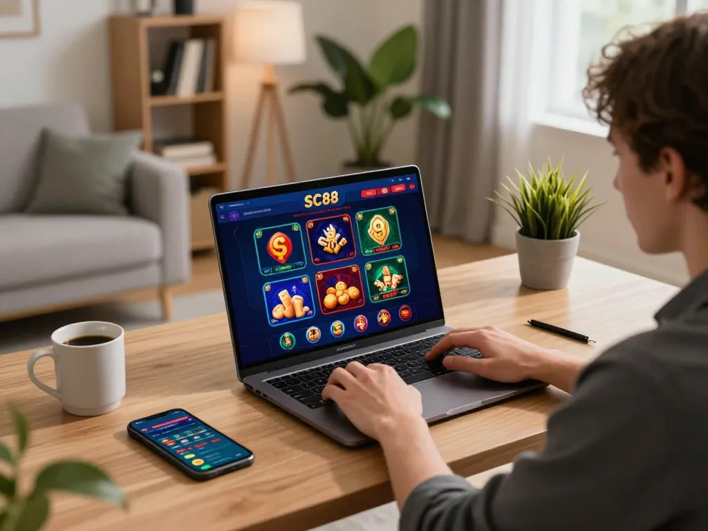 Engaging with SC88 online gaming interface on a modern gaming setup at home.