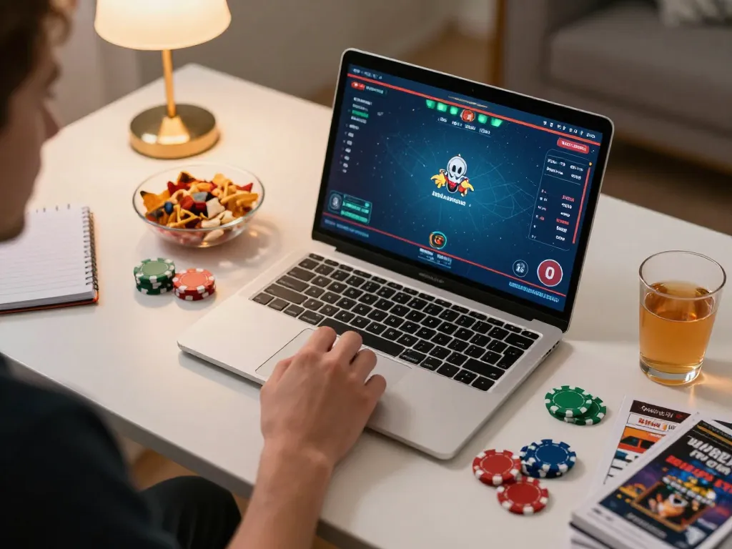 Player engaging in the sunwin online poker game while analyzing strategy notes and snacks.