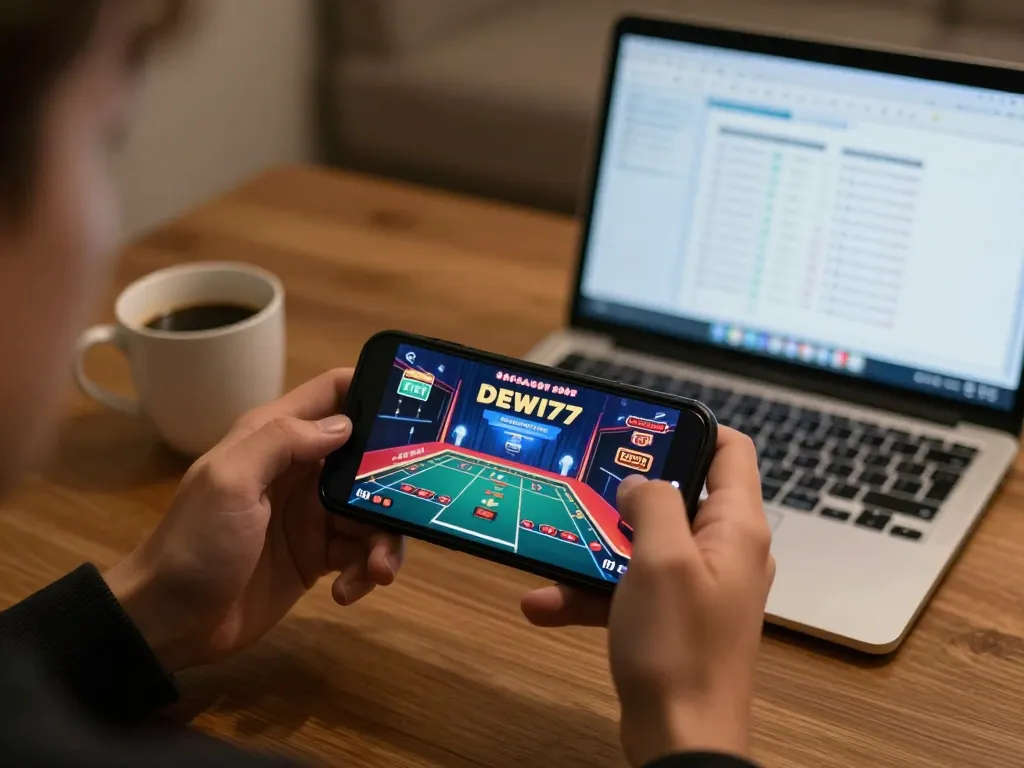 Terlibat dalam permainan yang bertanggung jawab di aplikasi DEWI77 dengan smartphone sambil menikmati suasana rumah yang nyaman.