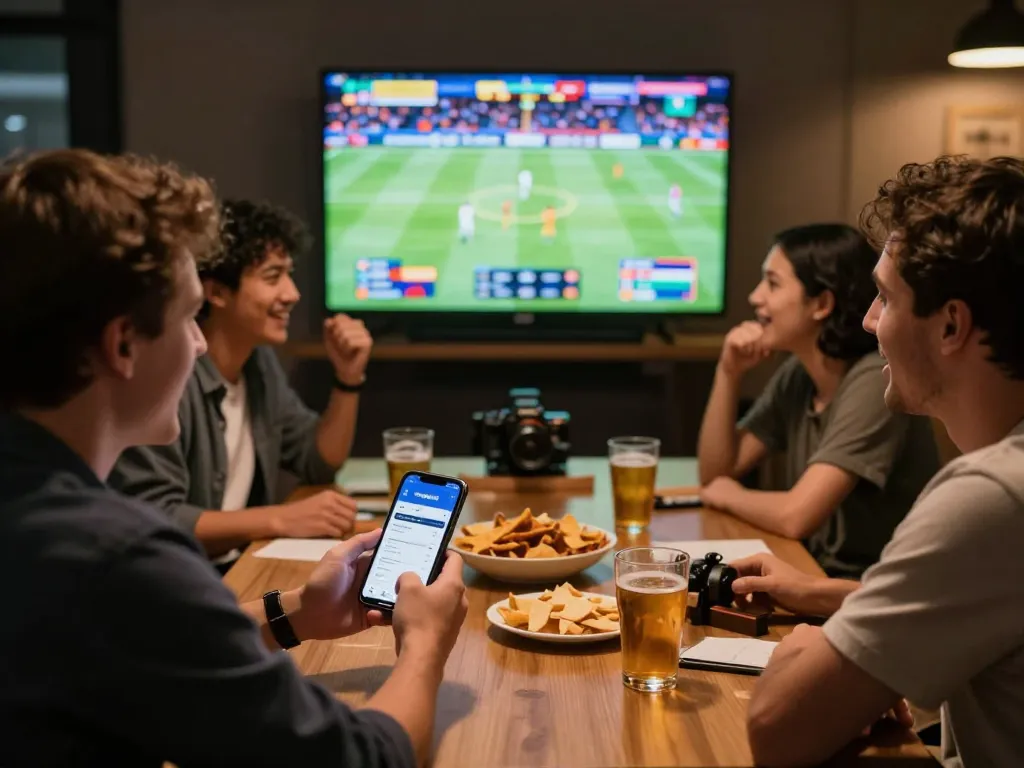 Users engaging with the nowgoal app for live sports betting while enjoying a friendly gathering