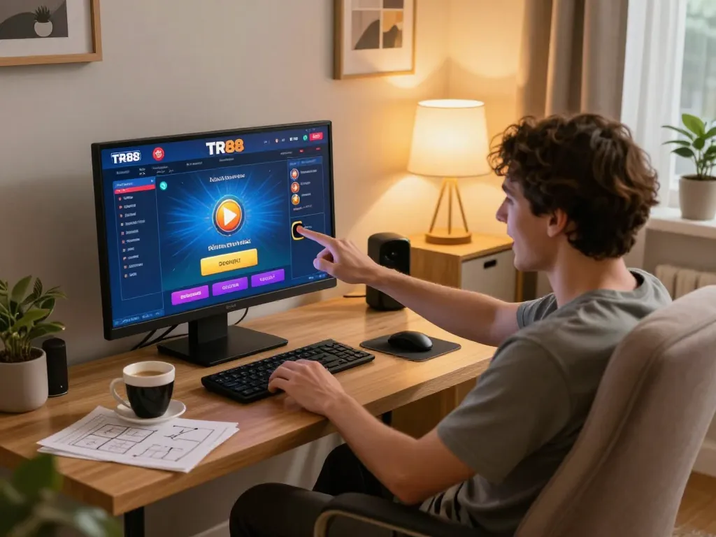 User engaging with the ytr88 online casino platform on a stylish home setup, highlighting a safe and enjoyable gambling experience.