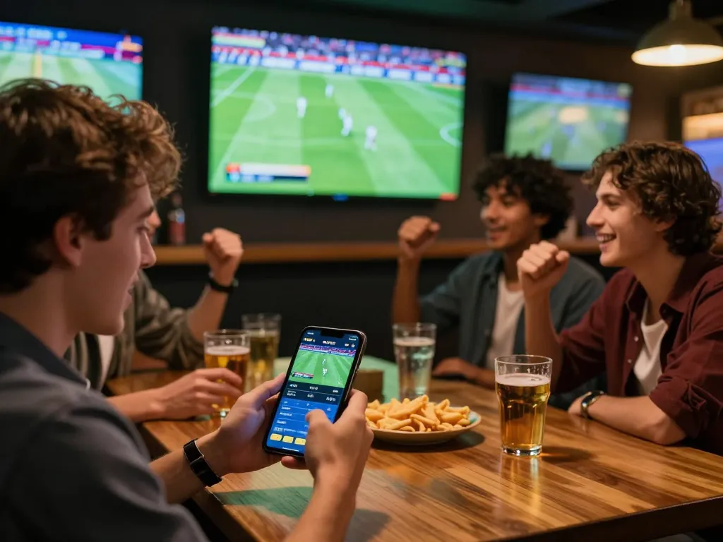 Kkeonhacai user engaging in sports betting via mobile app while watching a football match in a lively bar environment.