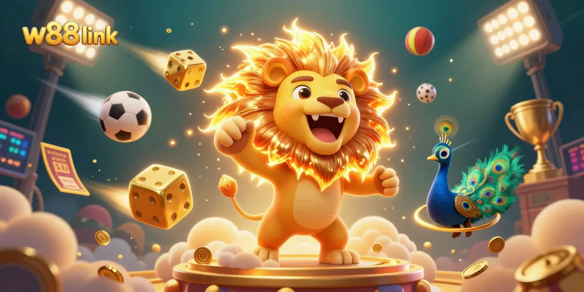 Experience the excitement of betting at W88 link with a dynamic scene of vibrant casino elements.