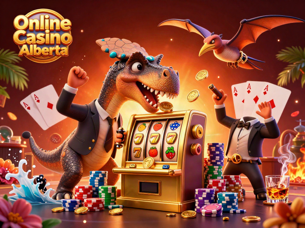 Experience thrilling action at Online Casino Alberta with cartoon dinosaurs and jackpot excitement.