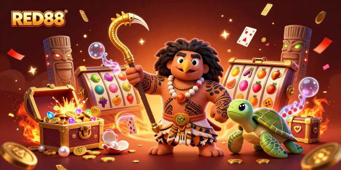 Engage in vibrant RED88 gameplay surrounded by gold coins, treasure, and sparkling festivities.