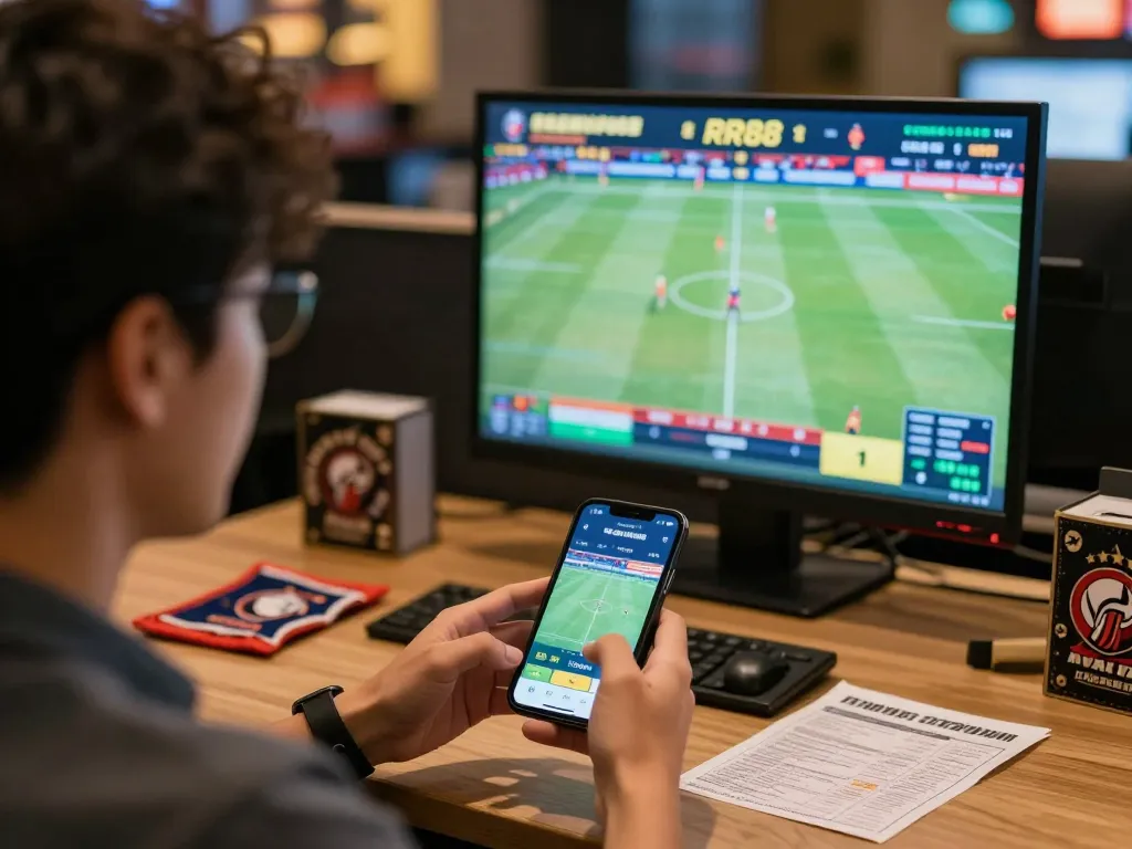 An enthusiastic bettor placing a bet on his smartphone on RR88 while watching live sports in a vibrant setting.
