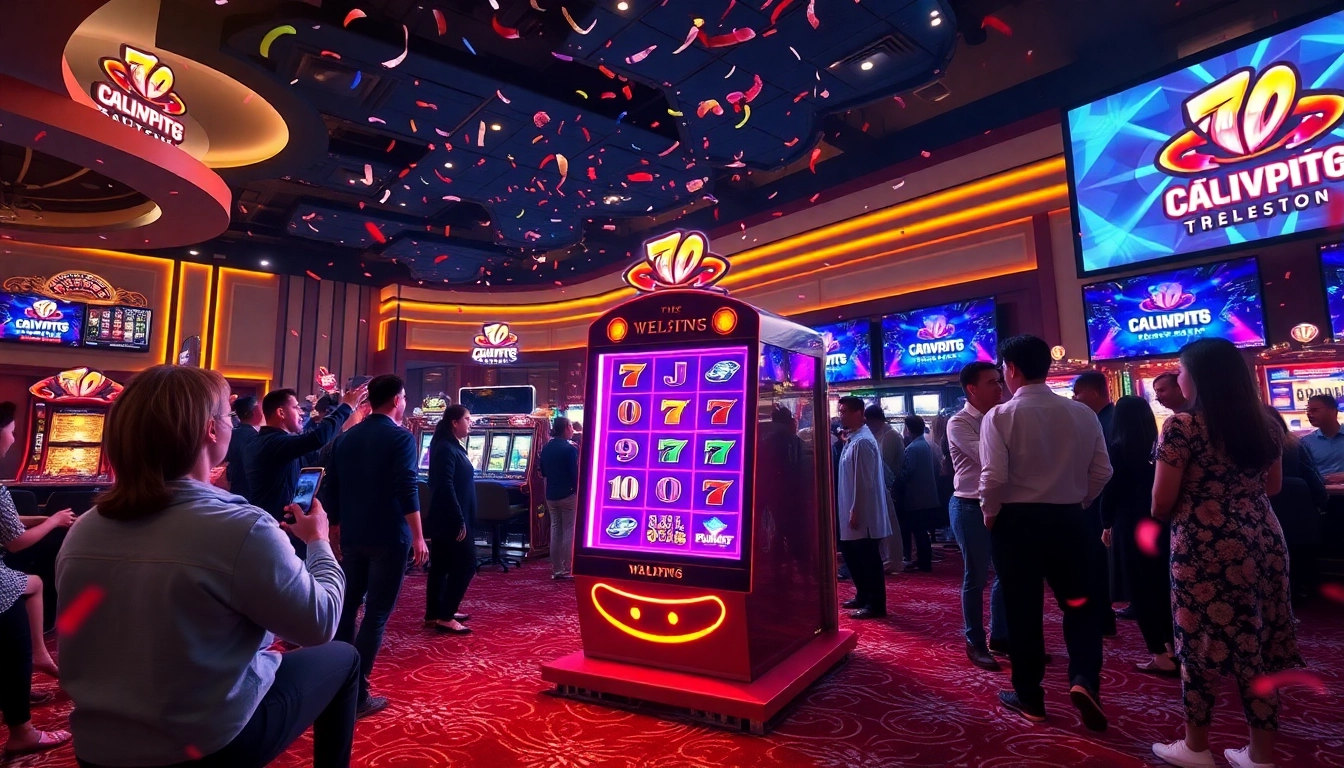 Gamblers celebrating a victory at the Nổ Hũ Đổi Thưởng slot machine in a luxurious casino setting.