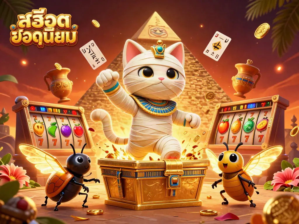 Experience สล็อตยอดนิยม with an animated mummy cat and gold coins in a vibrant casino scene.