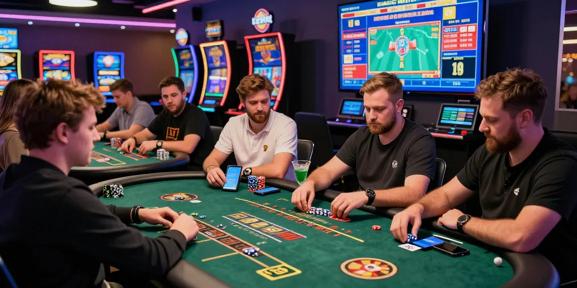 Credit card casino reviews showcasing players enjoying various games in a modern online casino environment with vibrant lighting and technology.