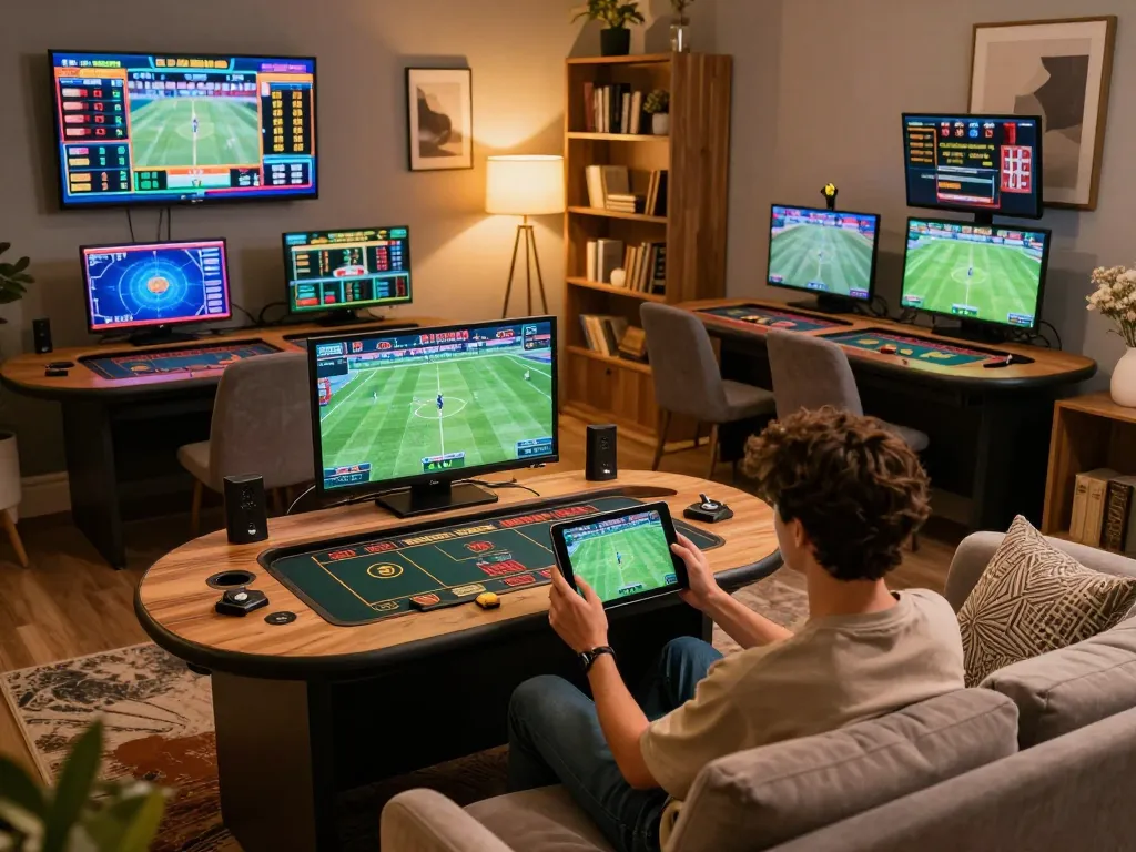 Person engaged in sports betting on their tablet at home, reflecting excitement with au88.